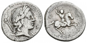 GENS CREPUSIA. Denario. (Ar. 3,32g/17mm). 82 a.C. Roma. (Crawford 361/1b; FFC 659). Anv: Cabeza laureada de Apolo a derecha, detrás cetro, delante: I....