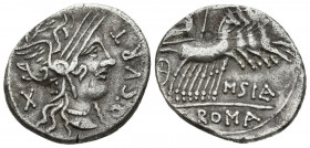 GENS CURTIA. Denario. (Ar. 3,72g/20mm). 116-115 d.C. Roma. (Crawford 285/2; FFC 670). Anv: Cabeza de Roma a derecha, detrás X, delante leyenda: Q CVRT...