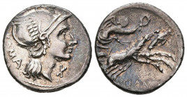 GENS FLAMINIA. Denario. (Ar. 4,00g/19mm). 109-108 a.C. Norte de Italia. (FFC 708; Crawford 302/1). Anv: Cabeza de Roma a derecha, delante X, detrás le...