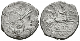 GENS JUNIA. Denario. (Ar. 3,39g/20mm). 145 a.C. Roma. (Crawford 220/1; FFC 778). Anv: Cabeza de Roma a derecha, delante: X, detrás cabeza de asno. Rev...