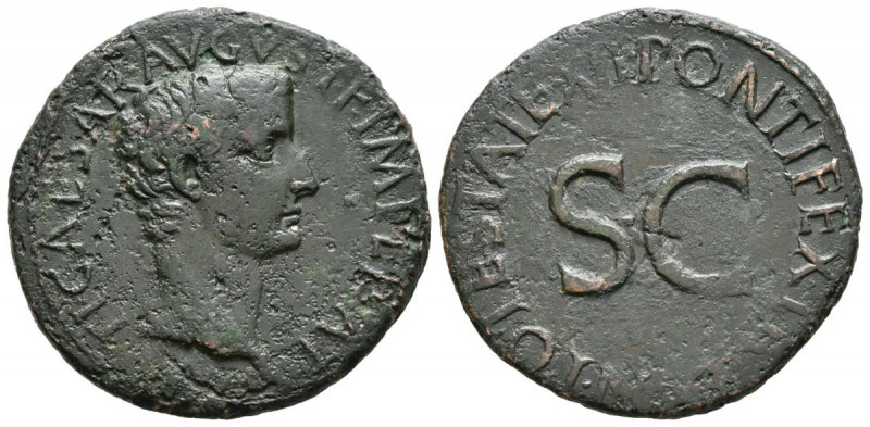 TIBERIO. As. (Ae. 10,32g/29mm). 10-11 d.C. Roma. (RIC 469). Anv: Cabeza de Tiber...