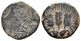 JUDAEA, Agripa I. Prutah. (Ae. 2,57g/16mm). 37-44 d.C. Jerusalem. (Seaby 5567). Anv: Dosel en forma de paraguas, alrededor leyenda. Rev: Tres espigas,...