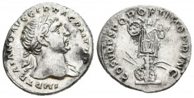 TRAJANO. Denario. (Ar. 3,12g/19mm). 107-108 d.C. Roma. (RIC 147). Anv: Busto laureado de Trajano a derecha con drapeado sobre hombro izquierdo, alrede...