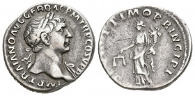 TRAJANO. Denario. (Ar. 3,31g/18mm). 107 d.C. Roma. (RIC 169). Anv: Busto laureado de Trajano a derecha con drapeado sobre hombro izquierdo, alrededor ...
