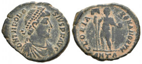 TEODOSIO I. Maiorina. (Ae. 4,79g/23mm). 392-395 d.C. Antioquía. (RIC 68a). Anv: Busto diademado, drapeado y con coraza de Teodosio I a derecha, alrede...