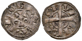 ALFONSO II (1164-1196). Dinero (Ve. 0,97g/20mm). S/D. Barcelona. (Cru. V.S. 296). Anv: Ccruz sobre palo entre anillos, alrededor leyenda: BARQINO. Rev...