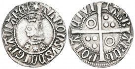 ALFONSO III (1327-1336). 1 Croat (Ar. 3,20g/23mm). Barcelona. (Cru V.S. 366.3). Anv: Busto de Alfonso III coronado a izquierda con vestido partido en ...