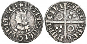 PEDRO III (1336-1387). Croat (Ar. 2,84g/24mm). Barcelona. (Cru V.S. 403.1). Anv: Busto de Pedro III coronado a izquierda con vestido adornado con tres...