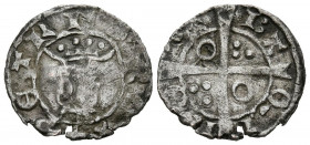 PEDRO III (1336-1387). Diner (Ve. 0,81g/16mm). S/D. Barcelona. (Cru-418.3). Anv: efigie coronada a izquierda con banda de puntos. Leyenda: PETRVS REX;...