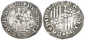 FERNANDO I DE NÁPOLES ( (1458-94). Carlino (Ar. 3,63g/27mm). S/D. Nápoles. (Mir-54/6). Anv: Fernando I sentado de frente, alrededor leyenda: DNS M AIV...