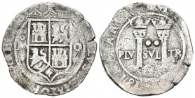 JUANA Y CARLOS (1504-1555). 2 Reales (Ar. 6,16g/27mm). S/D. (1554-1556). México. (Cal-2019-103). M-O en anverso. BC+. Porosidades.