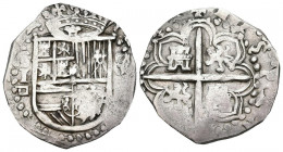 FELIPE II (1556-1598). 1 Real (Ar. 3,39g/23mm). Fecha no visible (entre 1587 y 1590). Sevilla. (Cal-2019-Tipo 96). Ensayador d cuadrada. MBC-.