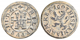 FELIPE III (1598-1621). 2 Maravedís. (Ae. 1,91g/16mm). 1607. Segovia. (Cal-2019-192). Acueducto vertical. EBC.