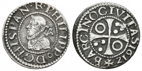 FELIPE III (1598-1621). 1/2 Croat (Ar. 1,53g/17mm). 1612. Barcelona. Busto propio. (Cal-2019-375). MBC+.
