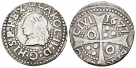 CARLOS II (1665-1700). 1 Croat (Ar. 2,22g/21mm). 1672. Barcelona. Leyenda: CAROL. (Cal-2019-208). MBC.