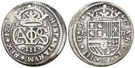 CARLOS III, el Pretendiente (1700-1714). 2 Reales. (Ar. 4,48g / 27mm). 1708. Barcelona. (Cal-2019-29). BC+. Agujero a las 12.