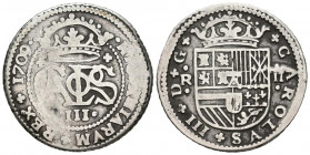 CARLOS III, el Pretendiente (1700-1714). 2 Reales. (Ar. 4,75g / 27mm). 1709. Barcelona. (Cal-2019-30). BC/BC+. V de Carolvs es una A invertida.