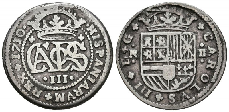 CARLOS III, el Pretendiente (1700-1714). 2 Reales. (Ar. 4,47g / 27mm). 1710. Bar...