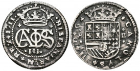 CARLOS III, el Pretendiente (1700-1714). 2 Reales. (Ar. 4,37g / 27mm). 1711. Barelona. (Cal-2019-32). MBC. Pátina oscura.
