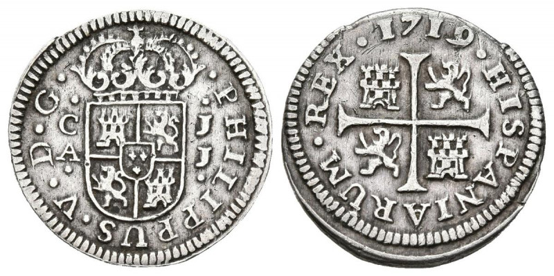 FELIPE V (1700-1746). 1/2 Real (Ar. 1,10g/16mm). 1719. Cuenca JJ. (Cal-2019-105)...