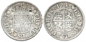 FELIPE V (1700-1746). 1 Real. (Ar. 2,81g/20mm). 1745. Madrid AJ. (Cal-2019-463). MBC. Escasa.