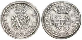 FELIPE V (1700-1746). 2 Reales. (Ar. 4,84g/28mm). 1708. Segovia Y. (Cal-2019-942). MBC+.