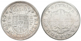 FELIPE V (1700-1746). 2 Reales. (Ar. 5,24g/27mm). 1720. Segovia F. (Cal-2019-951). EBC/ MBC+. Alabeada. Escasa.