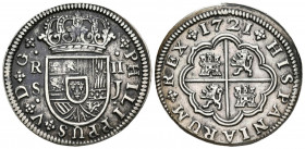 FELIPE V (1700-1746). 2 Reales (Ar. 5,96g /28mm). 1721. Sevilla J. (Cal-2019-979). EBC-. Preciosa pátina.