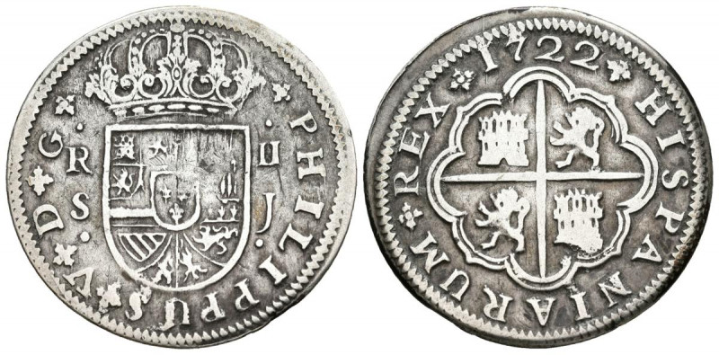 FELIPE V (1700-1746). 2 Reales (Ar. 4,86g /27mm). 1722. Sevilla J. (Cal-2019-980...