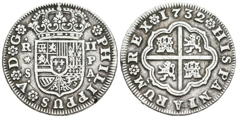 FELIPE V (1700-1746). 2 Reales. (Ar. 5,70g /27mm). 1732. Sevilla PA. (Cal-2019-9...