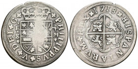 FELIPE V (1700-1746). 4 Reales (Ar. 10,10g/34mm). 1718. Sevilla M. (Cal-2019-1222). DEI G. Valor 4 girado. BC/BC+. Vano en anverso.