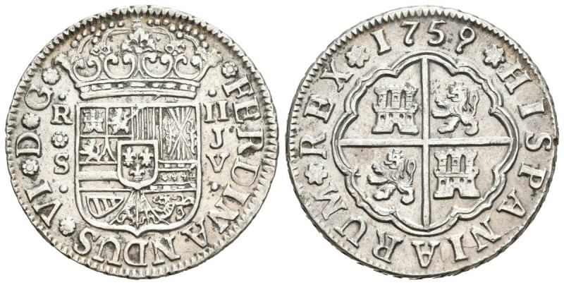 FERNANDO VI (1746-1759). 2 Reales. (Ar. 5,79g/26mm). 1759. Sevilla JV. (Cal-2019...