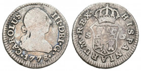 CARLOS III (1759-1788). 1/2 Real. (Ar. 1,29g/15mm). 1778/7. Sevilla MF. (Cal-2019-314var). Sobrefecha no catalogada. BC+.