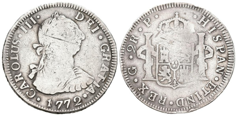 CARLOS III (1759-1788). 2 Reales (Ar. 6,21g/28mm). 1772. Guatemala P. (Cal-2019-...