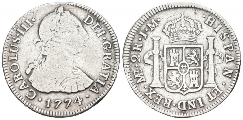 CARLOS III (1759-1788). 2 Reales (Ar. 6,64g/29mm). 1774. Lima JM. BC/MBC-. Muy r...