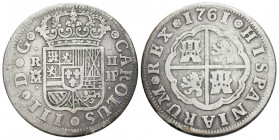 CARLOS III (1759-1788). 2 Reales. (Ar. 5,23g/26mm). 1761. Madrid JP. (Cal-2019-609). MBC/MBC-.