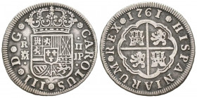 CARLOS III (1759-1788). 2 Reales. (Ar. 5,48g/26mm). 1761. Madrid JP. (Cal-2019-609). MBC-.