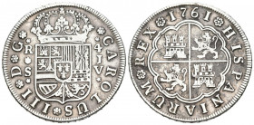 CARLOS III (1759-1788). 4 Reales. (Ar. 13,03g /34mm). 1761. Sevilla JV. (Cal-2019-977). MBC-/MBC.
