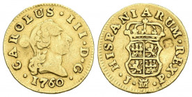 CARLOS III (1759-1788). 1/2 Escudo. (Au. 1.73g/15mm). 1760. Madrid JP. (Cal-2019-1242). Corona lisa. MBC-. Resello en reverso.