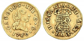 CARLOS III (1759-1788). 1/2 Escudo. (Au 1,73g /15mm). 1760. Madrid JP. (Cal-2019-1242). MBC.