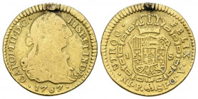 CARLOS III (1759-1788). 1 Escudo (Au. 3,09g/18mm). 1787. Popayán SF. (Cal-2019-1432). BC/BC+. Restos de soldadura.