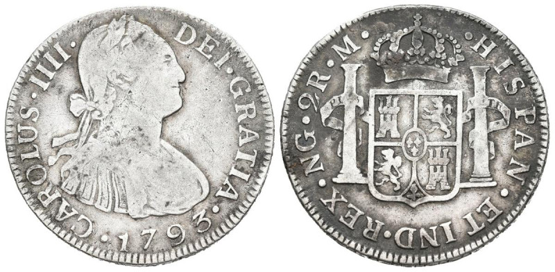 CARLOS IV (1788-1808). 2 Reales (Ar. 6,48g/28mm). 1793. Guatemala M. Segundo bus...