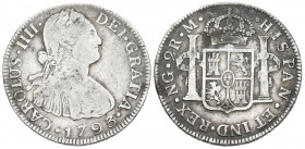 CARLOS IV (1788-1808). 2 Reales (Ar. 6,48g/28mm). 1793. Guatemala M. Segundo busto propio. (Cal-2019-550). BC+. Escasa.