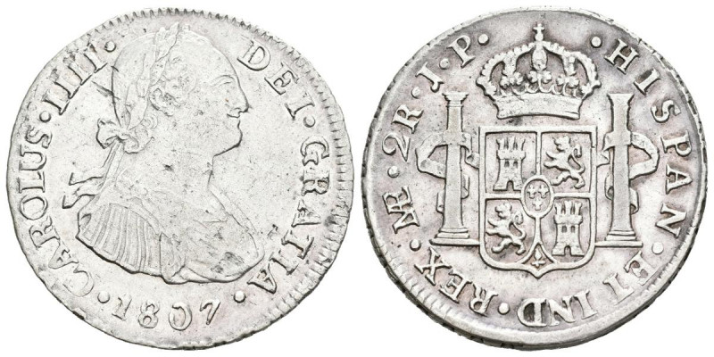 CARLOS IV (1788-1808). 2 Reales. (Ar. 6,58g/22mm). 1807. Lima JP. (Cal-2019-593)...