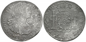 CARLOS IV. 8 Reales. 1806. Guatemala M. Cal-639. Ar. 25,63g. Oxidaciones marinas y rayas por limpieza. BC+/MBC. Escasa.