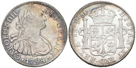 CARLOS IV (1788-1808). 8 Reales. (Ar. 26,82g/39mm). 1794. México FM. (Cal-2019-956). MBC. Pátina.