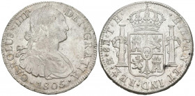 CARLOS IV (1788-1808). 8 Reales. (Ar. 26.98g/40mm). 1805. Mexico TH. (Cal-2019-983). MBC,
