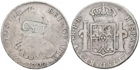 CARLOS IV (1788-1808). 8 Reales (Ar, 26,32g/41mm). 1792. Potosí PP. (Cal-2019-992). Resello de Ceara en anverso (IGO"). BC Moneda/MBC Resellos. Escasa...