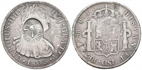 CARLOS IV (1788-1808). 8 Reales (Ar, 26,62g/41mm). 1803 . Potosí PJ. (Cal-2019-1007). Resello de 1835 de Piratini (República Rio-Grandense de Brasil)....