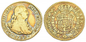 CARLOS IV (1788-1808). 1 Escudo. (Au 3,33g /18mm). 1792. Madrid MF. (Cal-2019-1109). BC+/MBC-.
